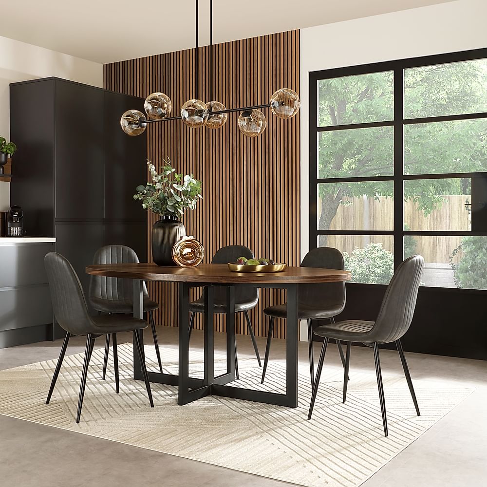 Newbury Oval Industrial Dining Table & 6 Brooklyn Chairs, Walnut Effect & Black Steel, Vintage Grey Classic Faux Leather, 180cm