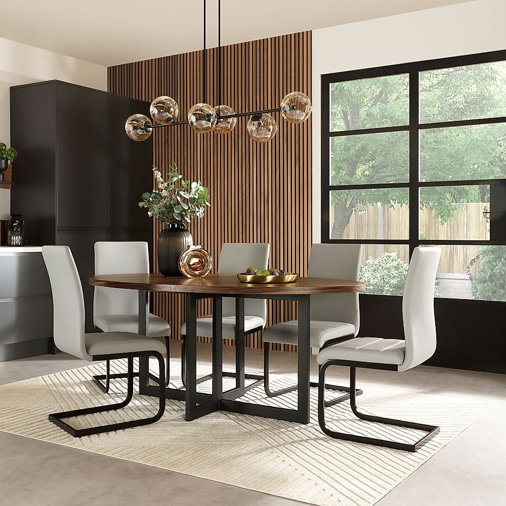 Newbury Oval Industrial Dining Table & 6 Perth Chairs, Walnut Effect & Black Steel, Light Grey Classic Faux Leather, 180cm