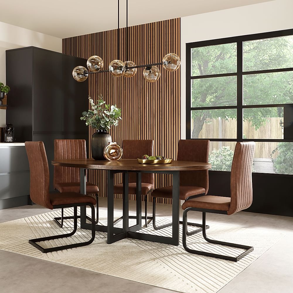 Newbury Oval Industrial Dining Table & 4 Perth Chairs, Walnut Effect & Black Steel, Tan Classic Faux Leather, 180cm
