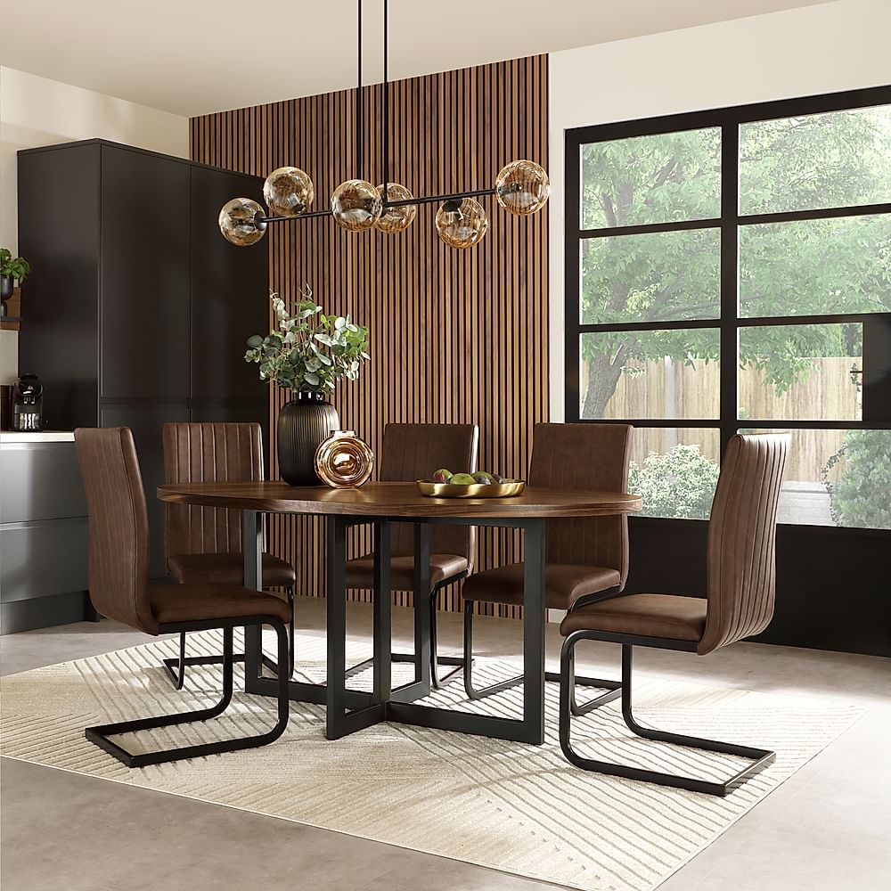 Newbury Oval Industrial Dining Table & 4 Perth Chairs, Walnut Effect & Black Steel, Vintage Brown Classic Faux Leather, 180cm