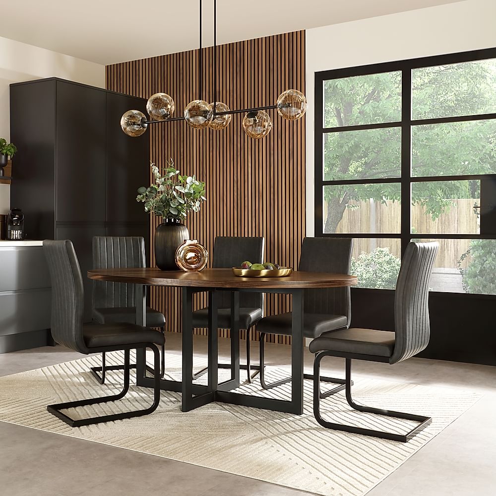 Newbury Oval Industrial Dining Table & 4 Perth Chairs, Walnut Effect & Black Steel, Vintage Grey Classic Faux Leather, 180cm
