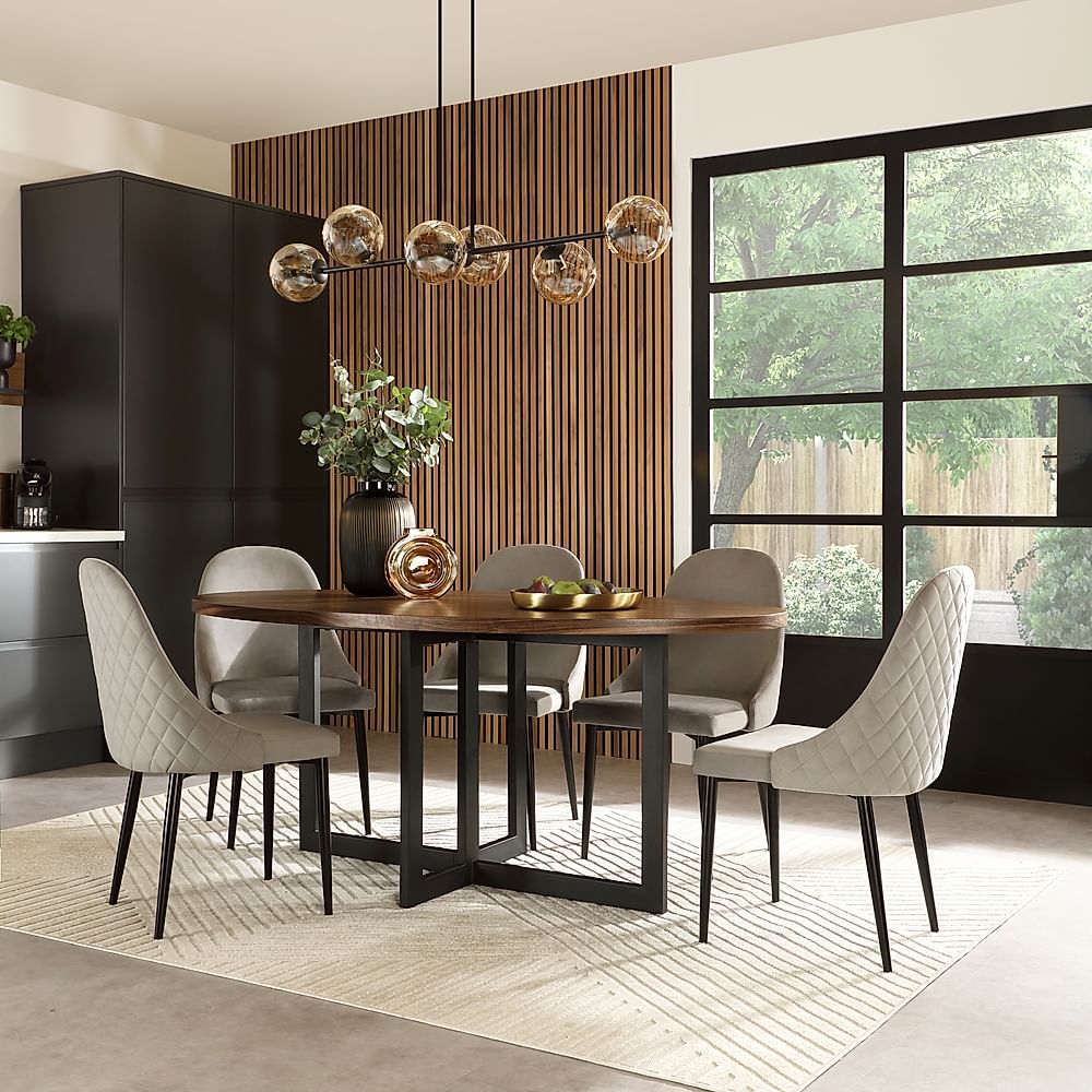 Newbury Oval Industrial Dining Table & 4 Ricco Chairs, Walnut Effect & Black Steel, Grey Classic Velvet, 180cm