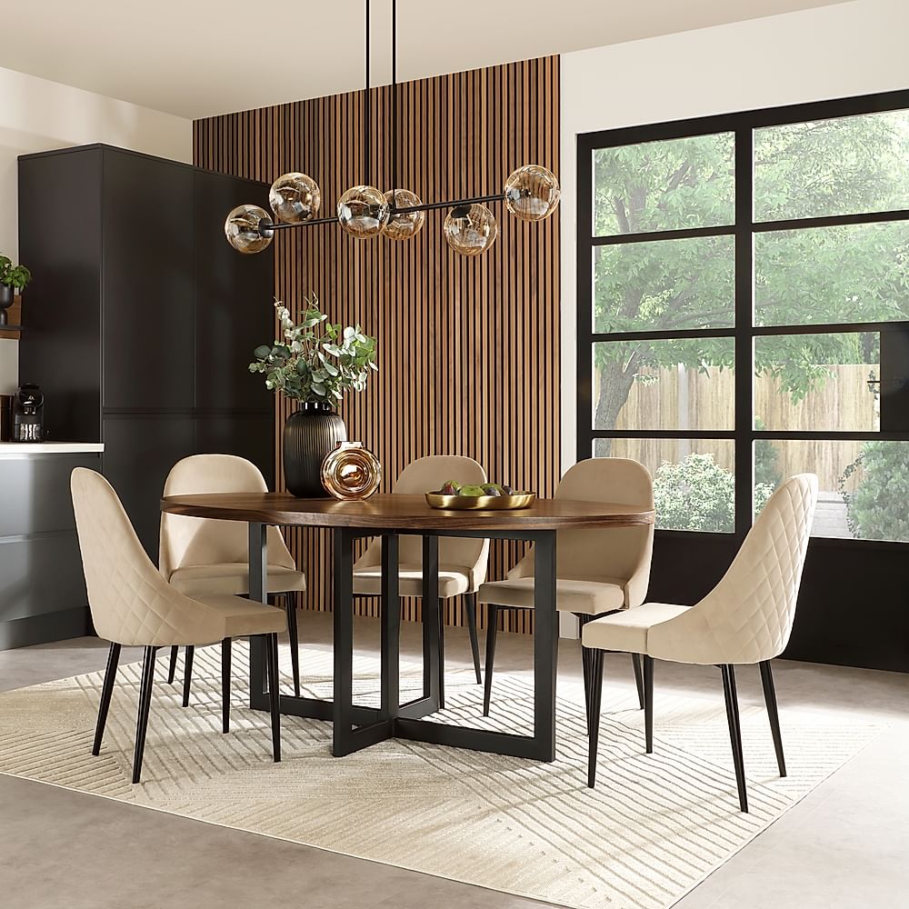 Newbury Oval Industrial Dining Table & 6 Ricco Chairs, Walnut Effect & Black Steel, Champagne Classic Velvet, 180cm