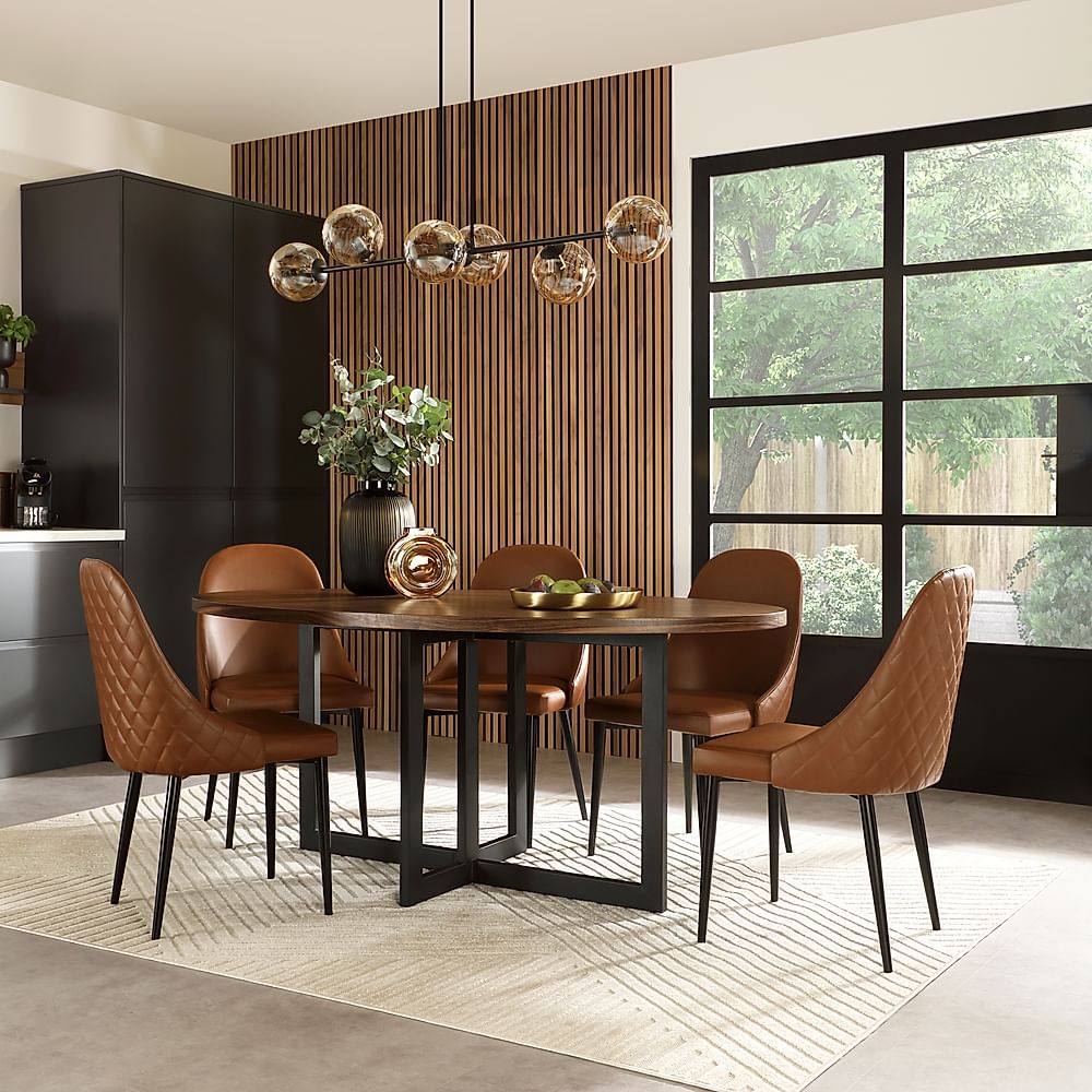 Newbury Oval Industrial Dining Table & 4 Ricco Chairs, Walnut Effect & Black Steel, Tan Premium Faux Leather, 180cm