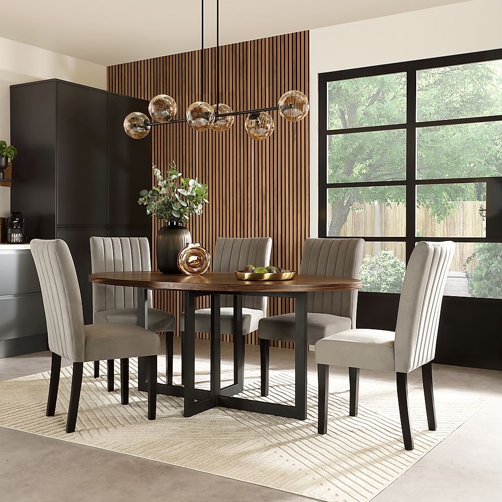 Newbury Oval Industrial Dining Table & 4 Salisbury Chairs, Walnut Effect & Black Steel, Grey Classic Velvet & Black Solid Hardwood, 180cm
