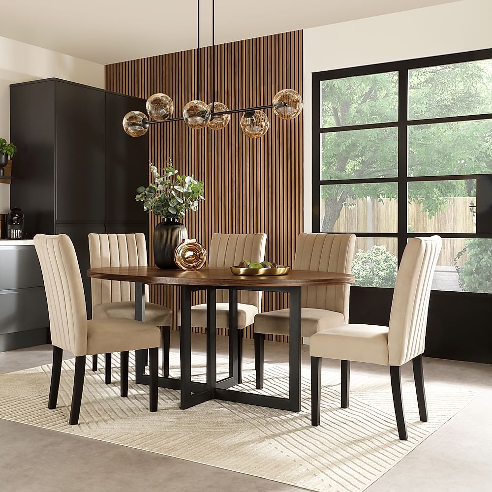 Newbury Oval Industrial Dining Table & 4 Salisbury Chairs, Walnut Effect & Black Steel, Champagne Classic Velvet & Black Solid Hardwood, 180cm