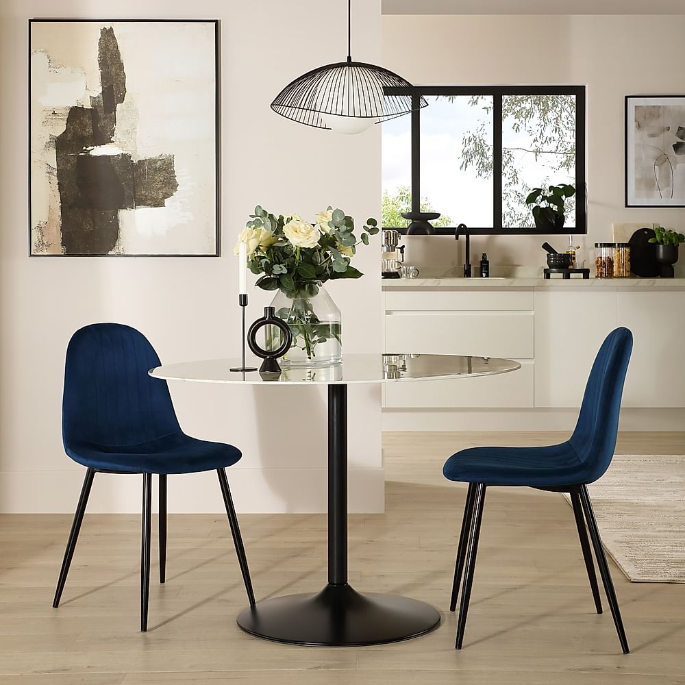 Orbit Round Dining Table & 2 Brooklyn Dining Chairs, White Marble Effect & Black Steel, Blue Classic Velvet, 110cm