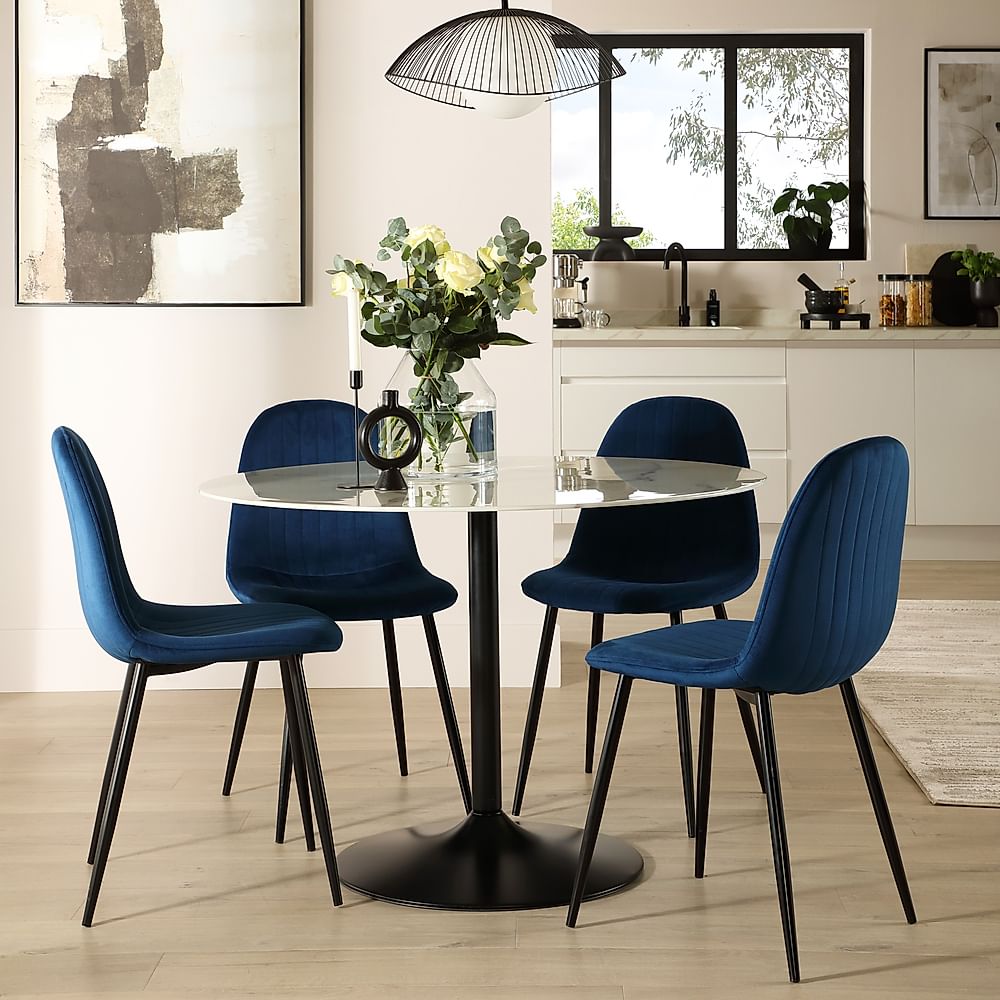 Orbit Round Dining Table & 4 Brooklyn Dining Chairs, White Marble Effect & Black Steel, Blue Classic Velvet, 110cm