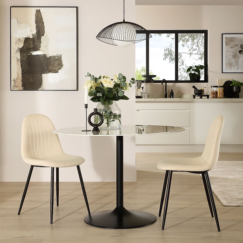 Orbit Round Dining Table & 2 Brooklyn Dining Chairs, White Marble Effect & Black Steel, Ivory Classic Plush Fabric, 110cm