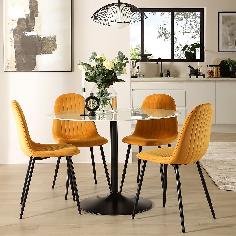 Orbit Round Dining Table & 4 Brooklyn Dining Chairs, White Marble Effect & Black Steel, Mustard Classic Velvet, 110cm