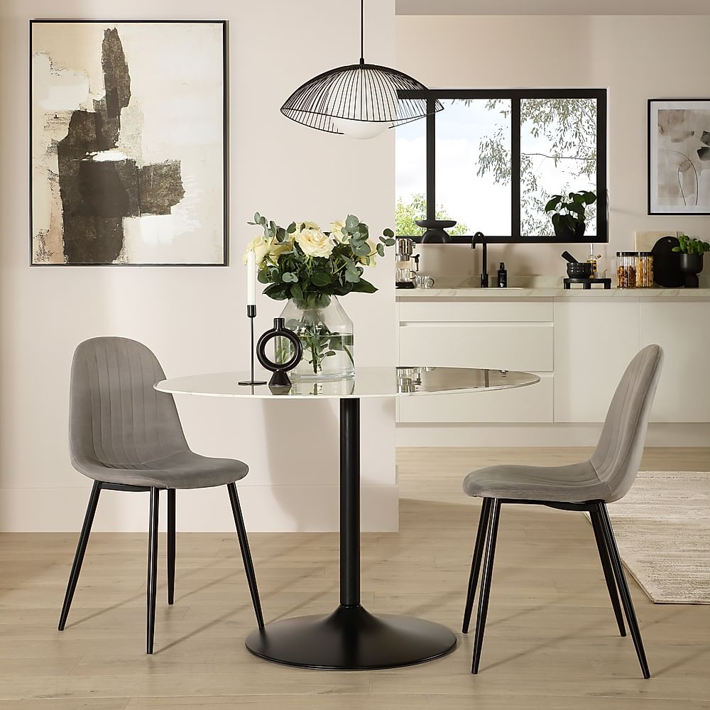 Orbit Round Dining Table & 2 Brooklyn Dining Chairs, White Marble Effect & Black Steel, Grey Classic Velvet, 110cm