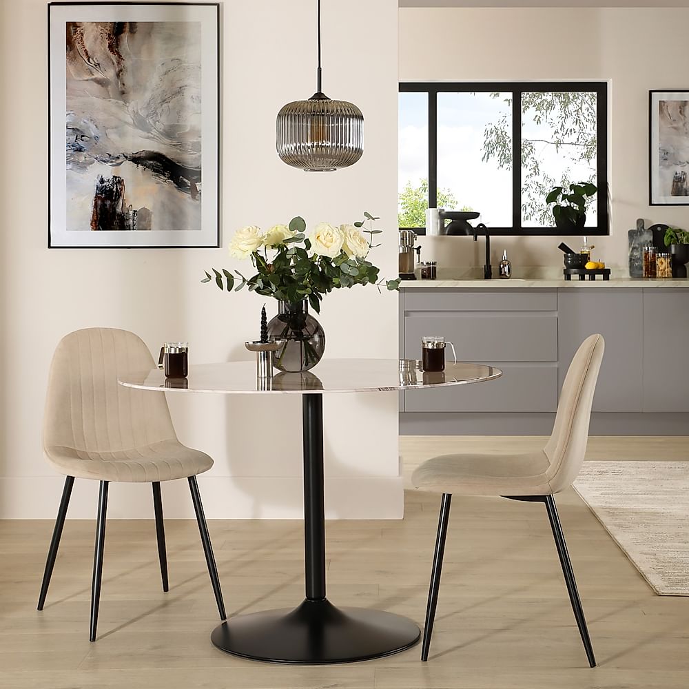Orbit Round Dining Table & 2 Brooklyn Dining Chairs, Grey Marble Effect & Black Steel, Champagne Classic Velvet, 110cm