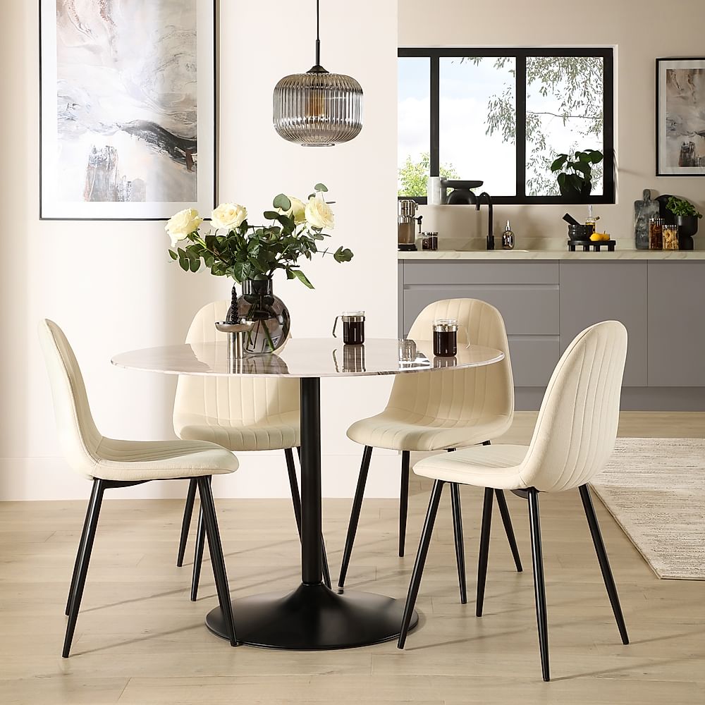 Orbit Round Dining Table & 4 Brooklyn Dining Chairs, Grey Marble Effect & Black Steel, Ivory Classic Plush Fabric, 110cm