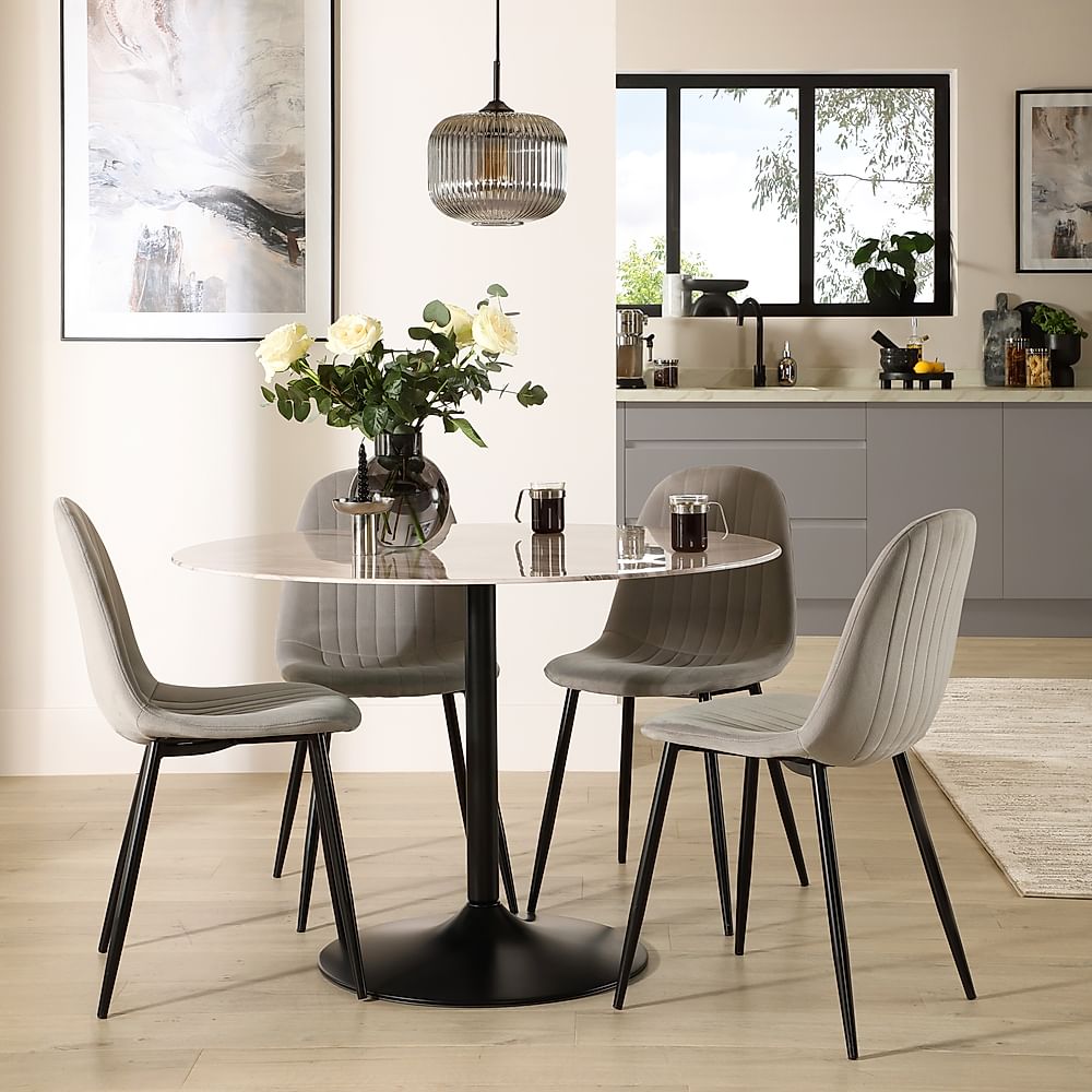 Orbit Round Dining Table & 4 Brooklyn Dining Chairs, Grey Marble Effect & Black Steel, Grey Classic Velvet, 110cm
