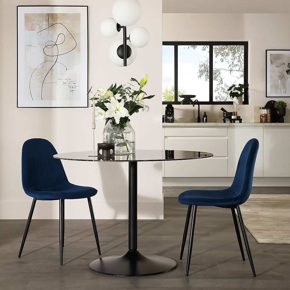 Orbit Round Dining Table & 2 Brooklyn Dining Chairs, Black Marble Effect & Black Steel, Blue Classic Velvet, 110cm