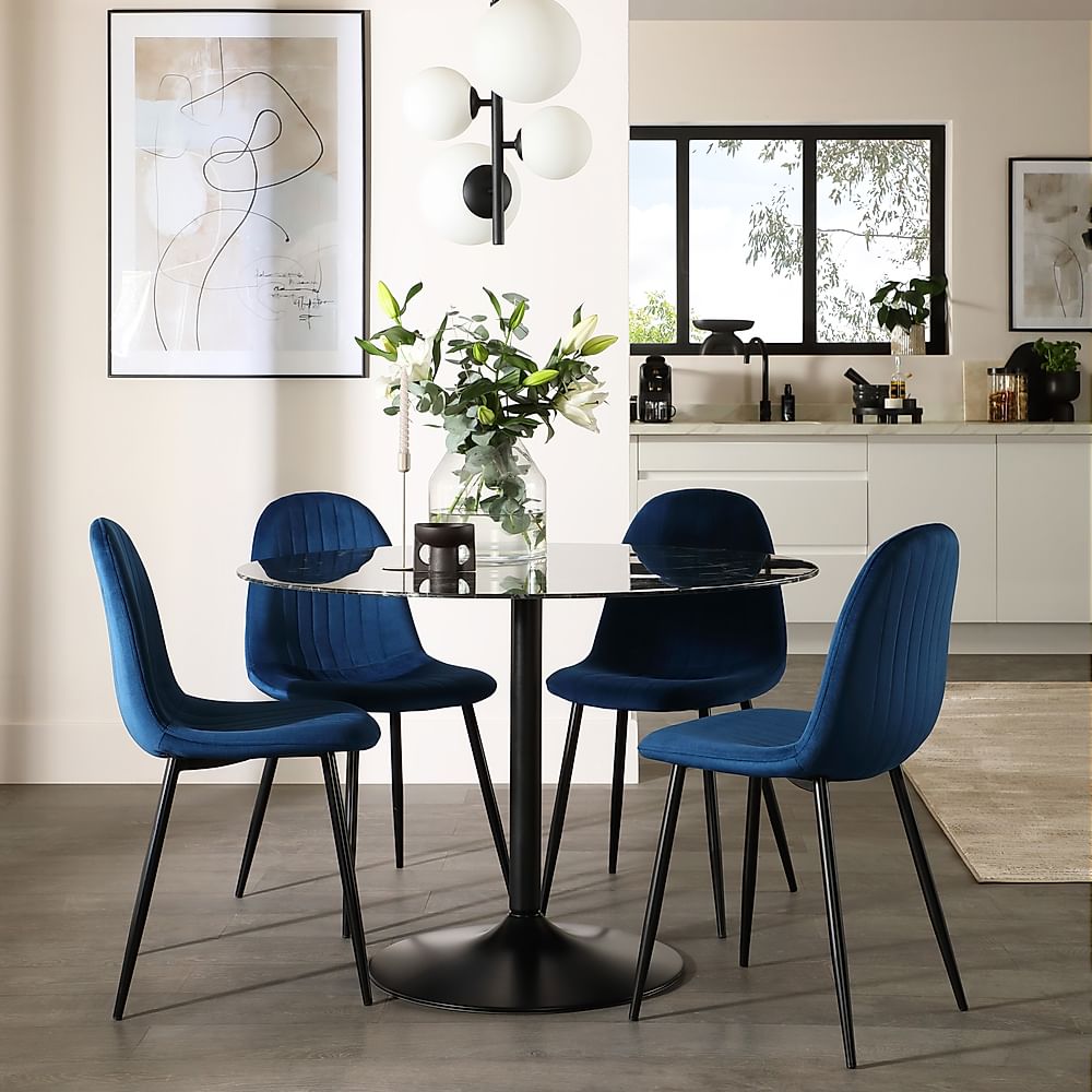 Orbit Round Dining Table & 4 Brooklyn Dining Chairs, Black Marble Effect & Black Steel, Blue Classic Velvet, 110cm