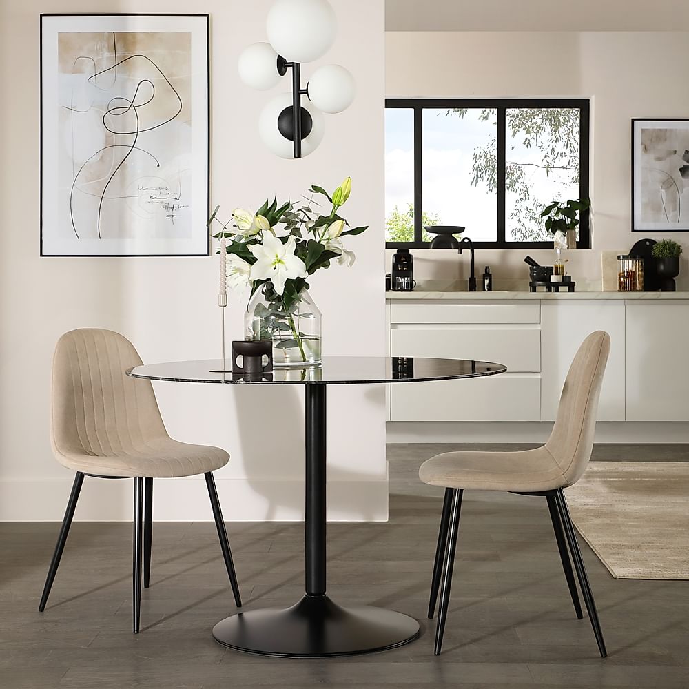 Orbit Round Dining Table & 2 Brooklyn Dining Chairs, Black Marble Effect & Black Steel, Champagne Classic Velvet, 110cm