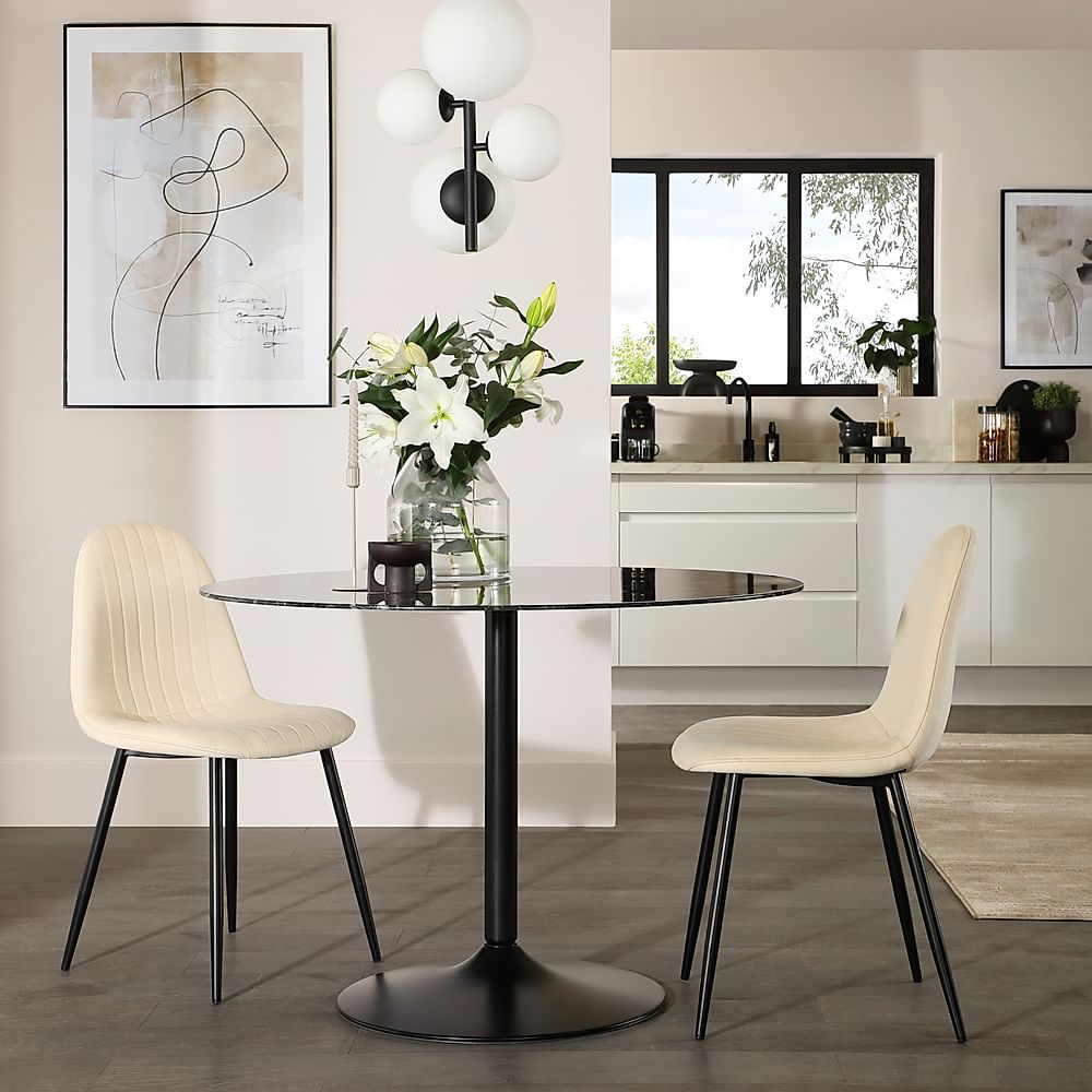 Orbit Round Dining Table & 2 Brooklyn Dining Chairs, Black Marble Effect & Black Steel, Ivory Classic Plush Fabric, 110cm