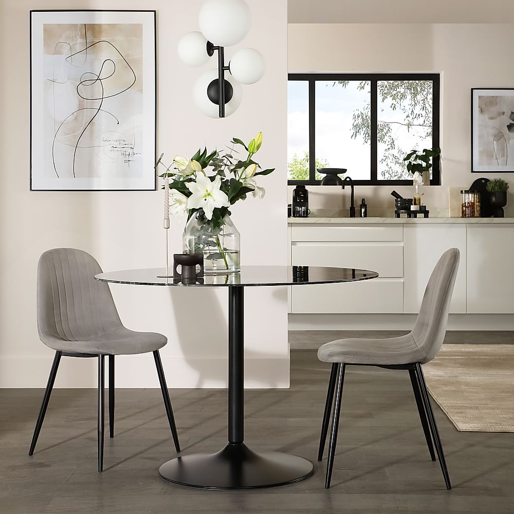 Orbit Round Dining Table & 2 Brooklyn Dining Chairs, Black Marble Effect & Black Steel, Grey Classic Velvet, 110cm
