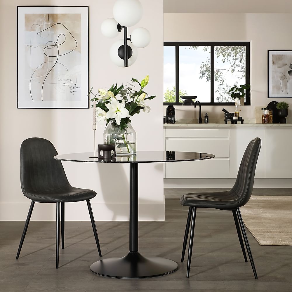 Orbit Round Dining Table & 2 Brooklyn Dining Chairs, Black Marble Effect & Black Steel, Vintage Grey Classic Faux Leather, 110cm