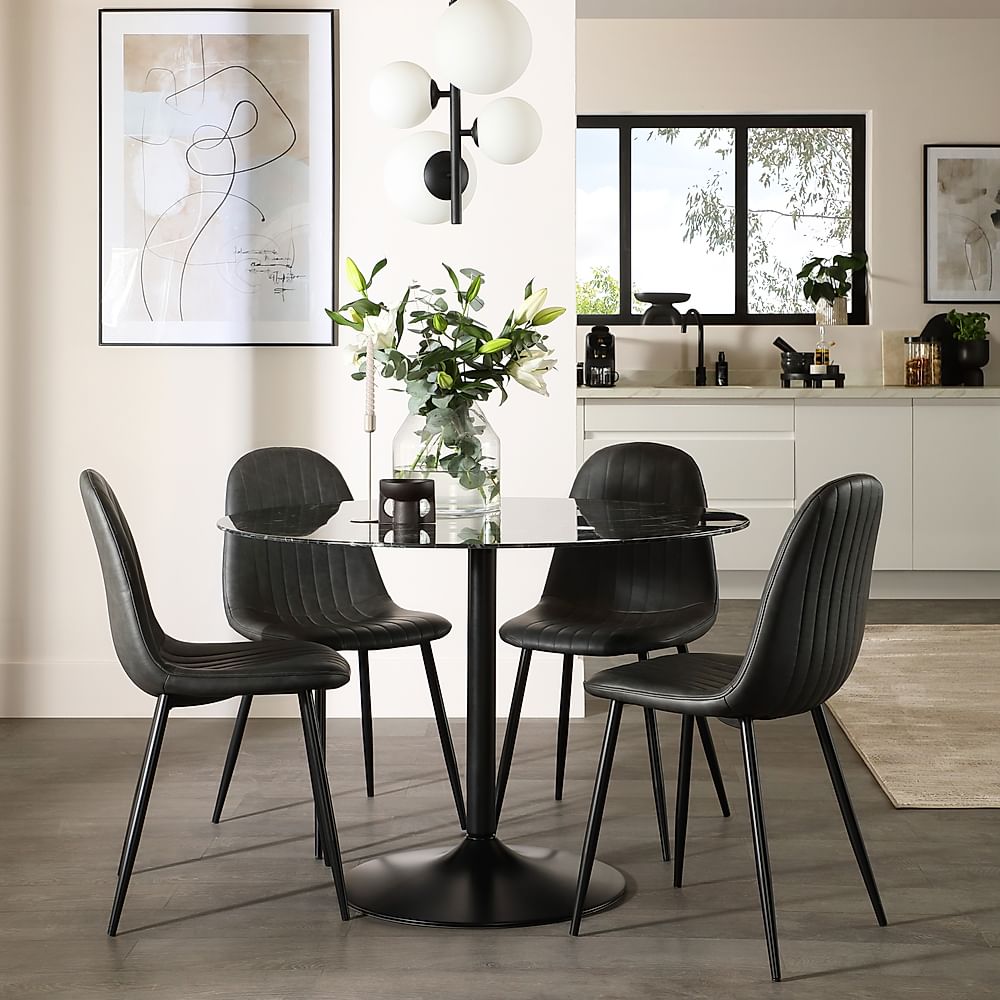 Orbit Round Dining Table & 4 Brooklyn Dining Chairs, Black Marble Effect & Black Steel, Vintage Grey Classic Faux Leather, 110cm