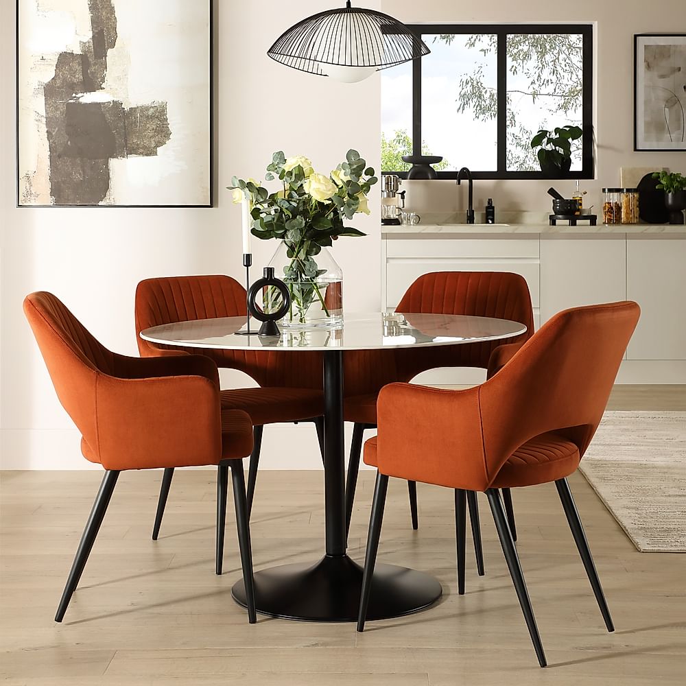 Orbit Round Dining Table & 4 Clara Dining Chairs, White Marble Effect & Black Steel, Burnt Orange Classic Velvet, 110cm
