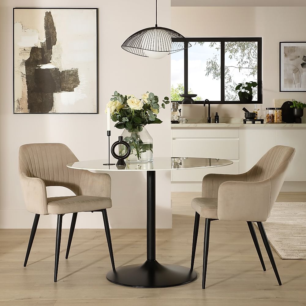 Orbit Round Dining Table & 2 Clara Dining Chairs, White Marble Effect & Black Steel, Champagne Classic Velvet, 110cm