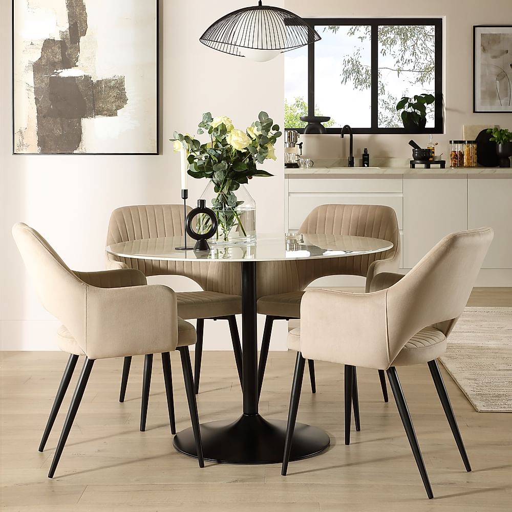Orbit Round Dining Table & 4 Clara Dining Chairs, White Marble Effect & Black Steel, Champagne Classic Velvet, 110cm