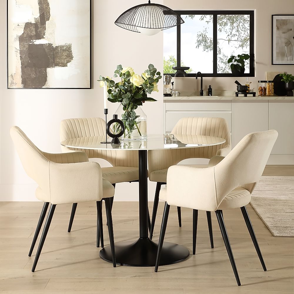 Orbit Round Dining Table & 4 Clara Dining Chairs, White Marble Effect & Black Steel, Ivory Classic Plush Fabric, 110cm