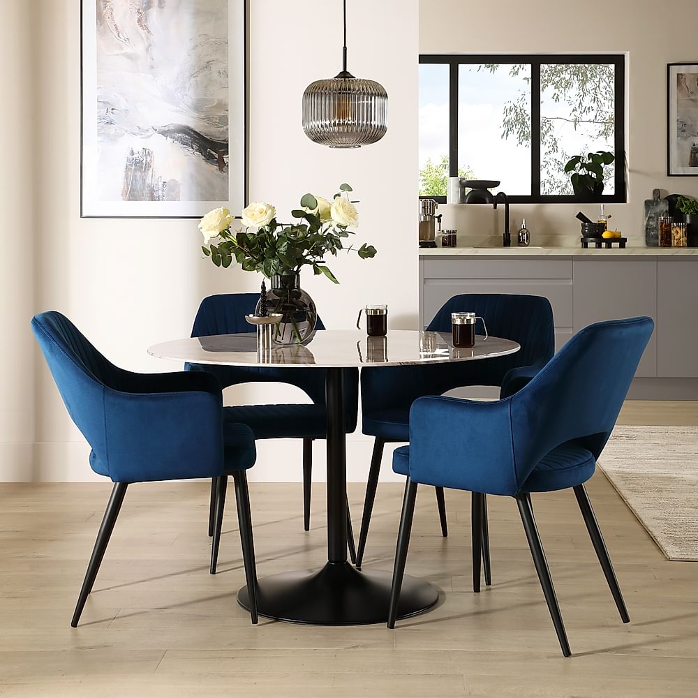 Orbit Round Dining Table & 4 Clara Dining Chairs, Grey Marble Effect & Black Steel, Blue Classic Velvet, 110cm