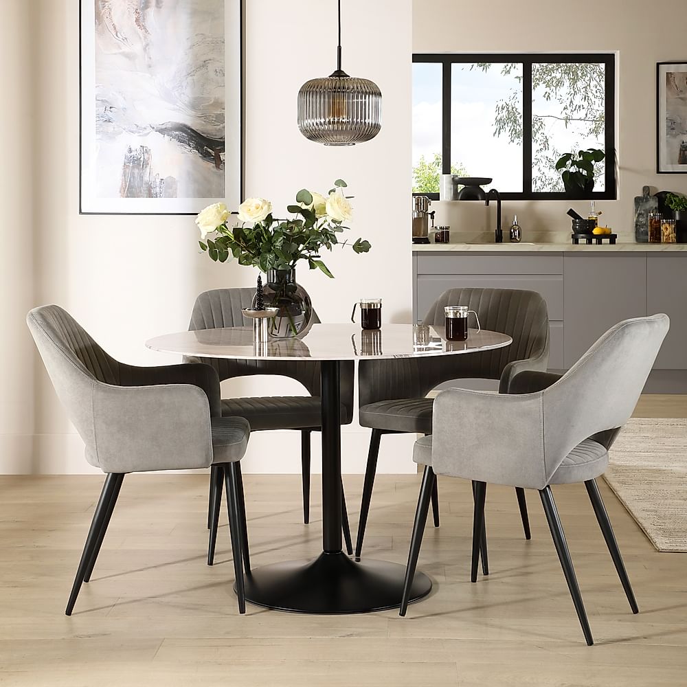 Orbit Round Dining Table & 4 Clara Dining Chairs, Grey Marble Effect & Black Steel, Grey Classic Velvet, 110cm