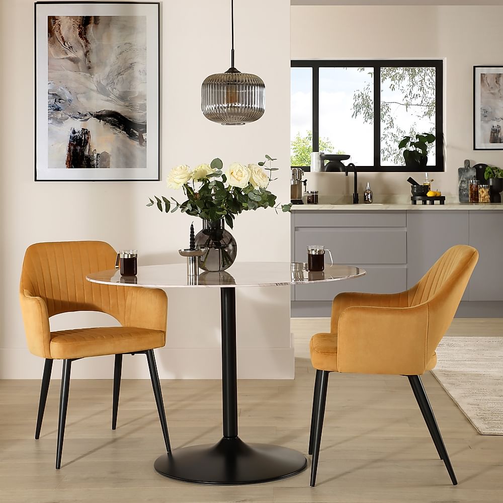 Orbit Round Dining Table & 2 Clara Dining Chairs, Grey Marble Effect & Black Steel, Mustard Classic Velvet, 110cm
