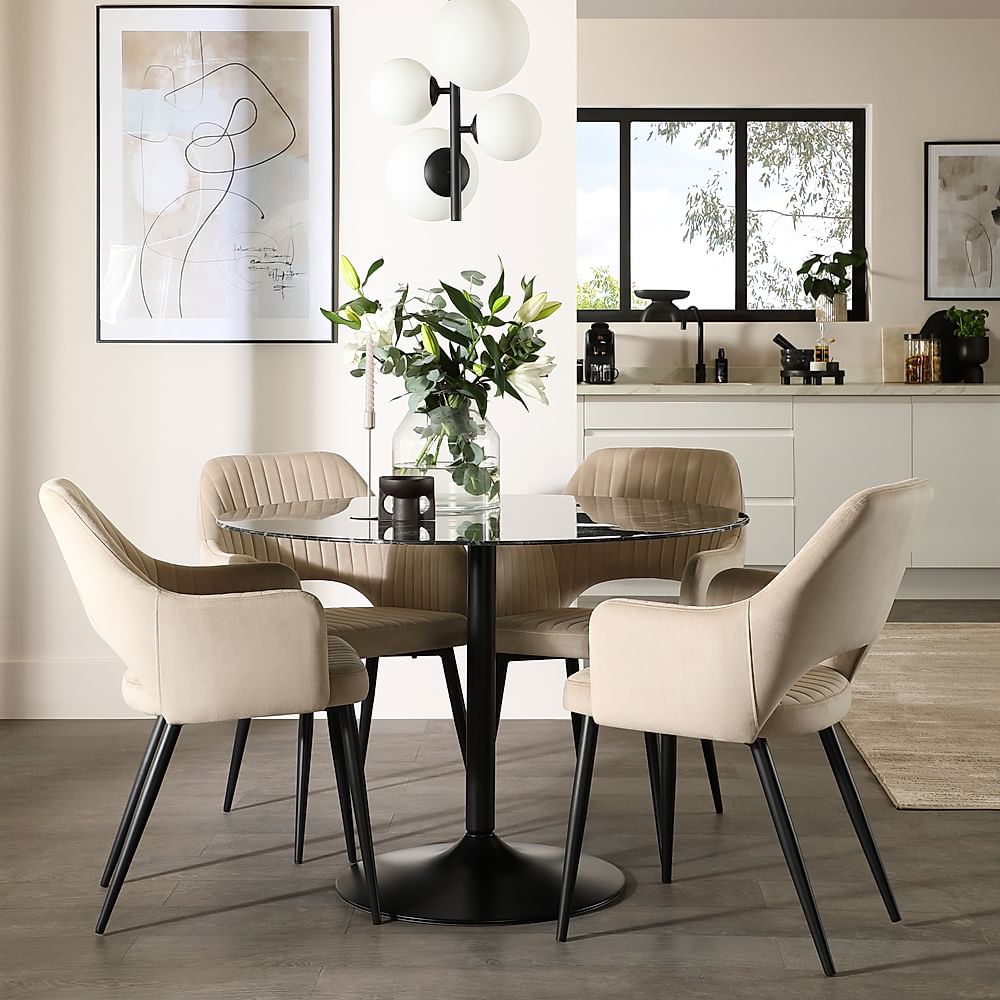 Orbit Round Dining Table & 4 Clara Dining Chairs, Black Marble Effect & Black Steel, Champagne Classic Velvet, 110cm