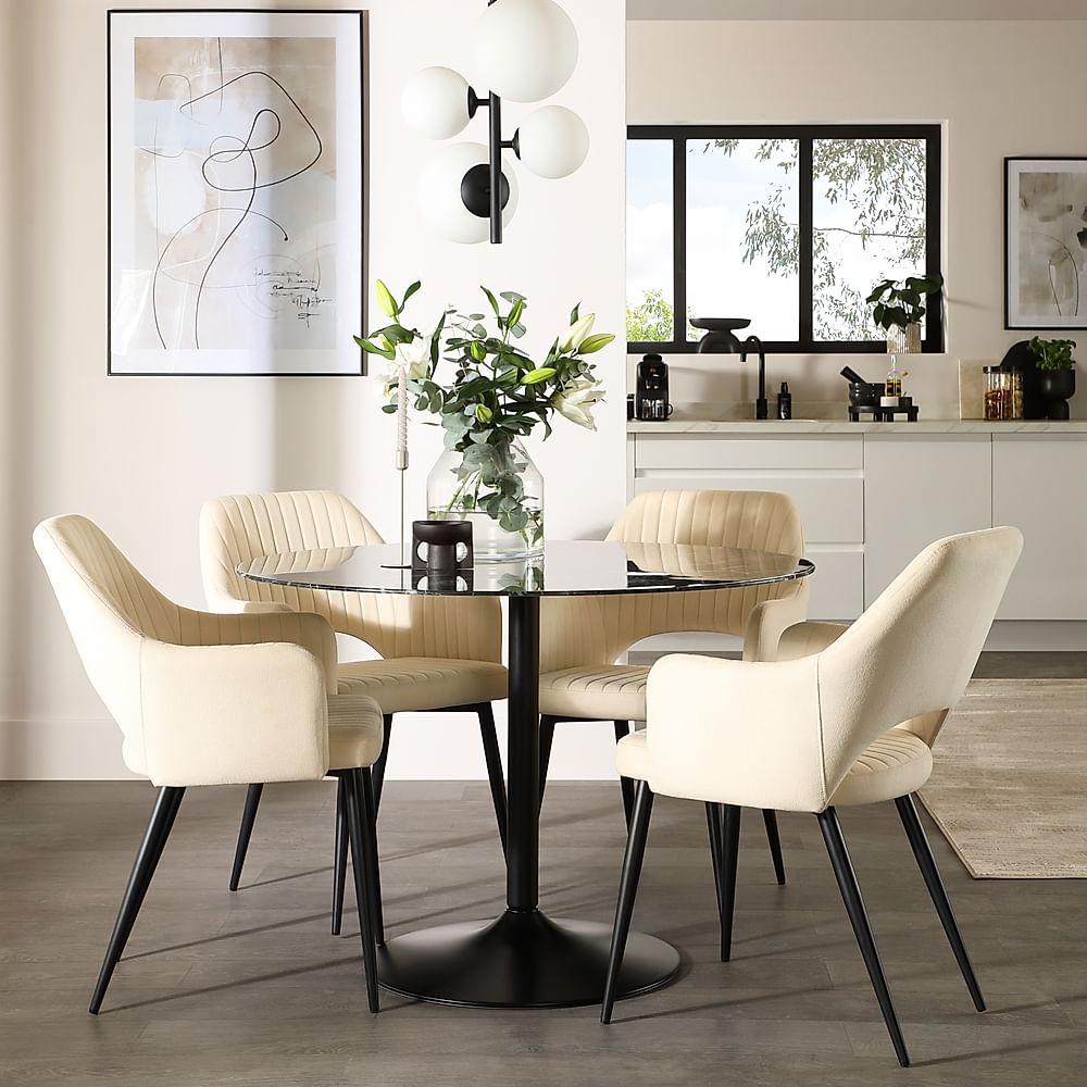 Orbit Round Dining Table & 4 Clara Dining Chairs, Black Marble Effect & Black Steel, Ivory Classic Plush Fabric, 110cm