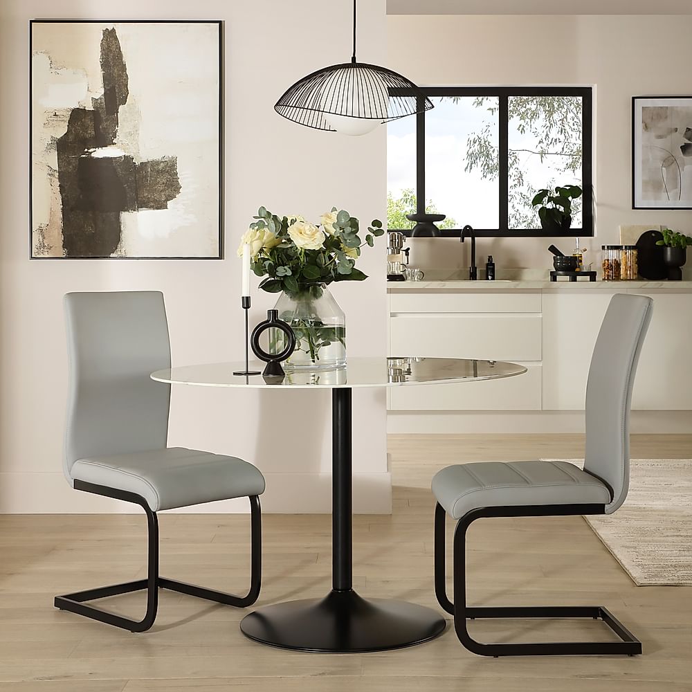Orbit Round Dining Table & 2 Perth Dining Chairs, White Marble Effect & Black Steel, Light Grey Classic Faux Leather, 110cm