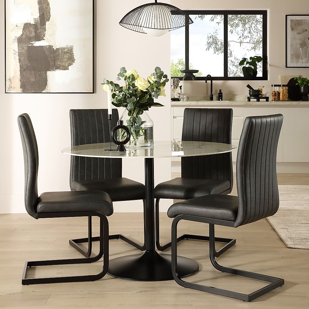 Orbit Round Dining Table & 4 Perth Dining Chairs, White Marble Effect & Black Steel, Vintage Grey Classic Faux Leather, 110cm
