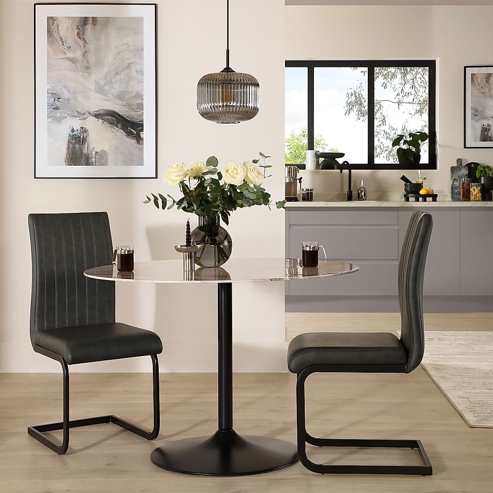 Orbit Round Dining Table & 2 Perth Dining Chairs, Grey Marble Effect & Black Steel, Vintage Grey Classic Faux Leather, 110cm