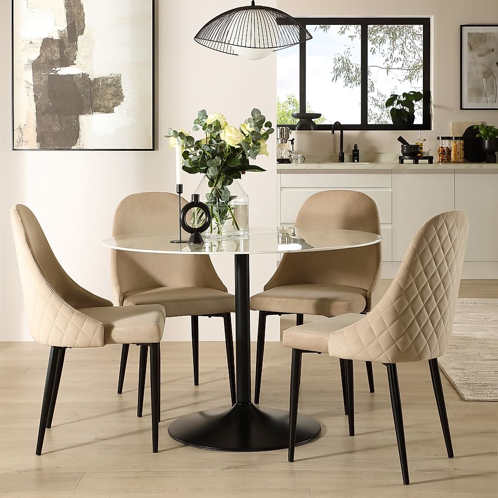 Orbit Round Dining Table & 4 Ricco Dining Chairs, White Marble Effect & Black Steel, Champagne Classic Velvet, 110cm