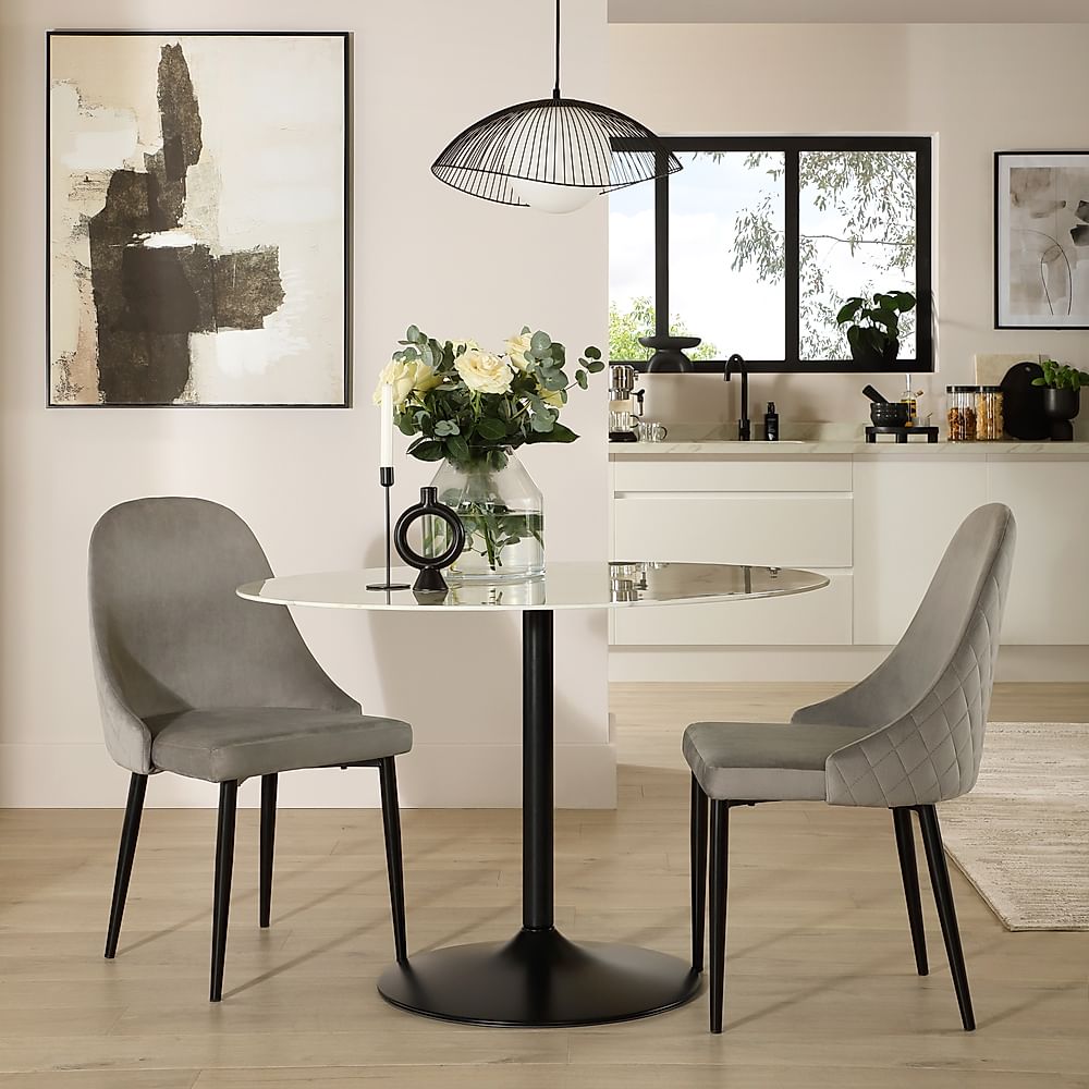 Orbit Round Dining Table & 2 Ricco Dining Chairs, White Marble Effect & Black Steel, Grey Classic Velvet, 110cm