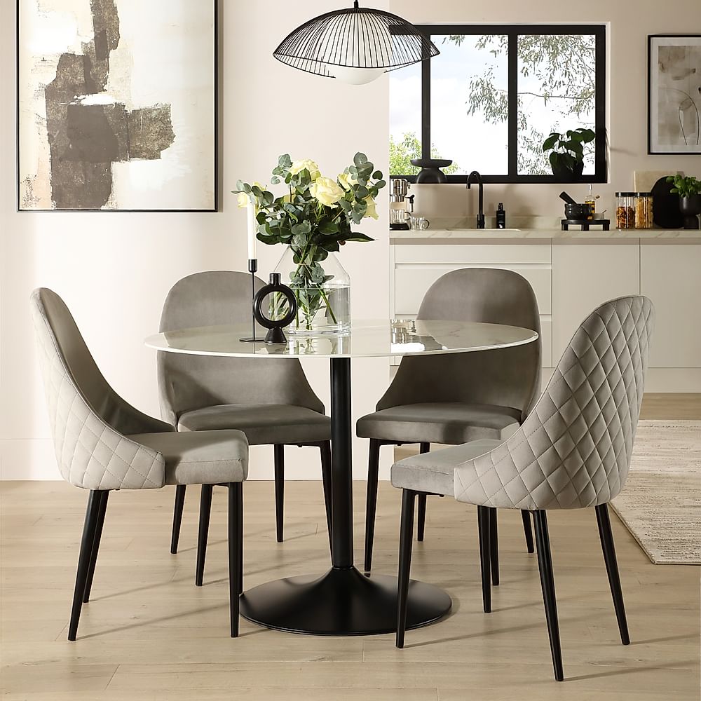 Orbit Round Dining Table & 4 Ricco Dining Chairs, White Marble Effect & Black Steel, Grey Classic Velvet, 110cm