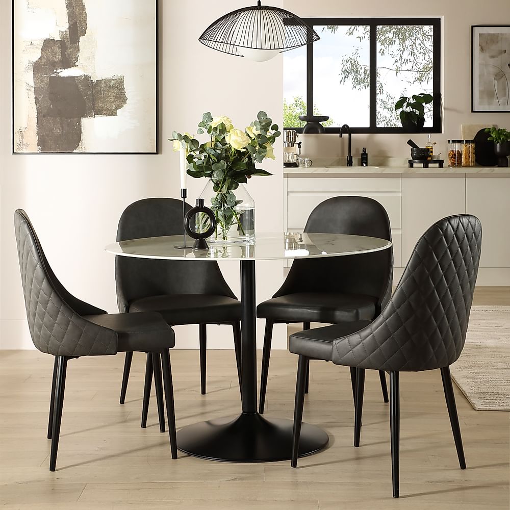 Orbit Round Dining Table & 4 Ricco Dining Chairs, White Marble Effect & Black Steel, Vintage Grey Premium Faux Leather, 110cm