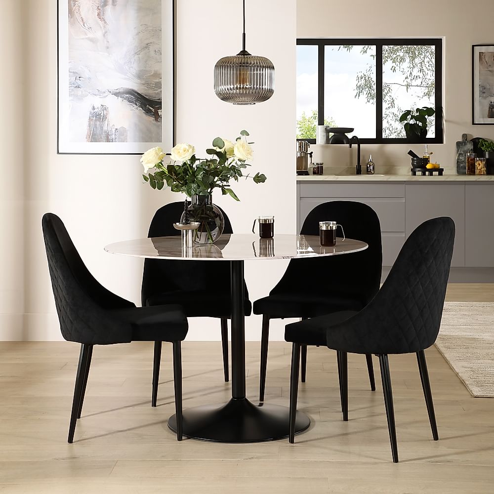 Orbit Round Dining Table & 4 Ricco Dining Chairs, Grey Marble Effect & Black Steel, Black Classic Velvet, 110cm