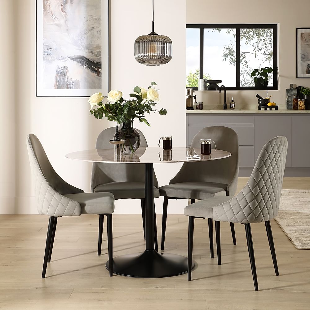 Orbit Round Dining Table & 4 Ricco Dining Chairs, Grey Marble Effect & Black Steel, Grey Classic Velvet, 110cm