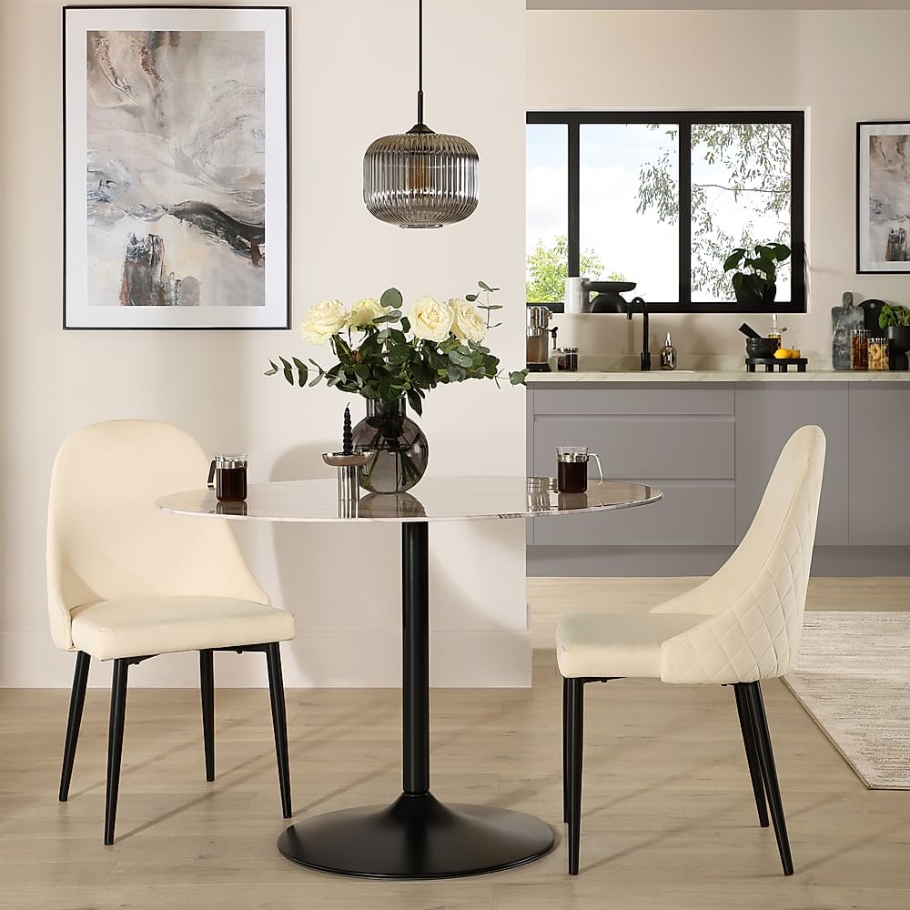 Orbit Round Dining Table & 2 Ricco Dining Chairs, Grey Marble Effect & Black Steel, Ivory Classic Plush Fabric, 110cm