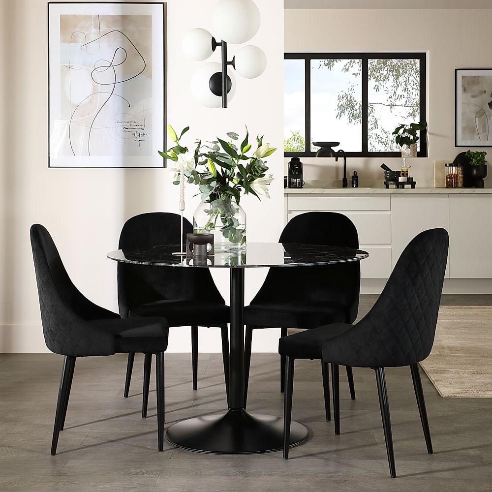 Orbit Round Dining Table & 4 Ricco Dining Chairs, Black Marble Effect & Black Steel, Black Classic Velvet, 110cm