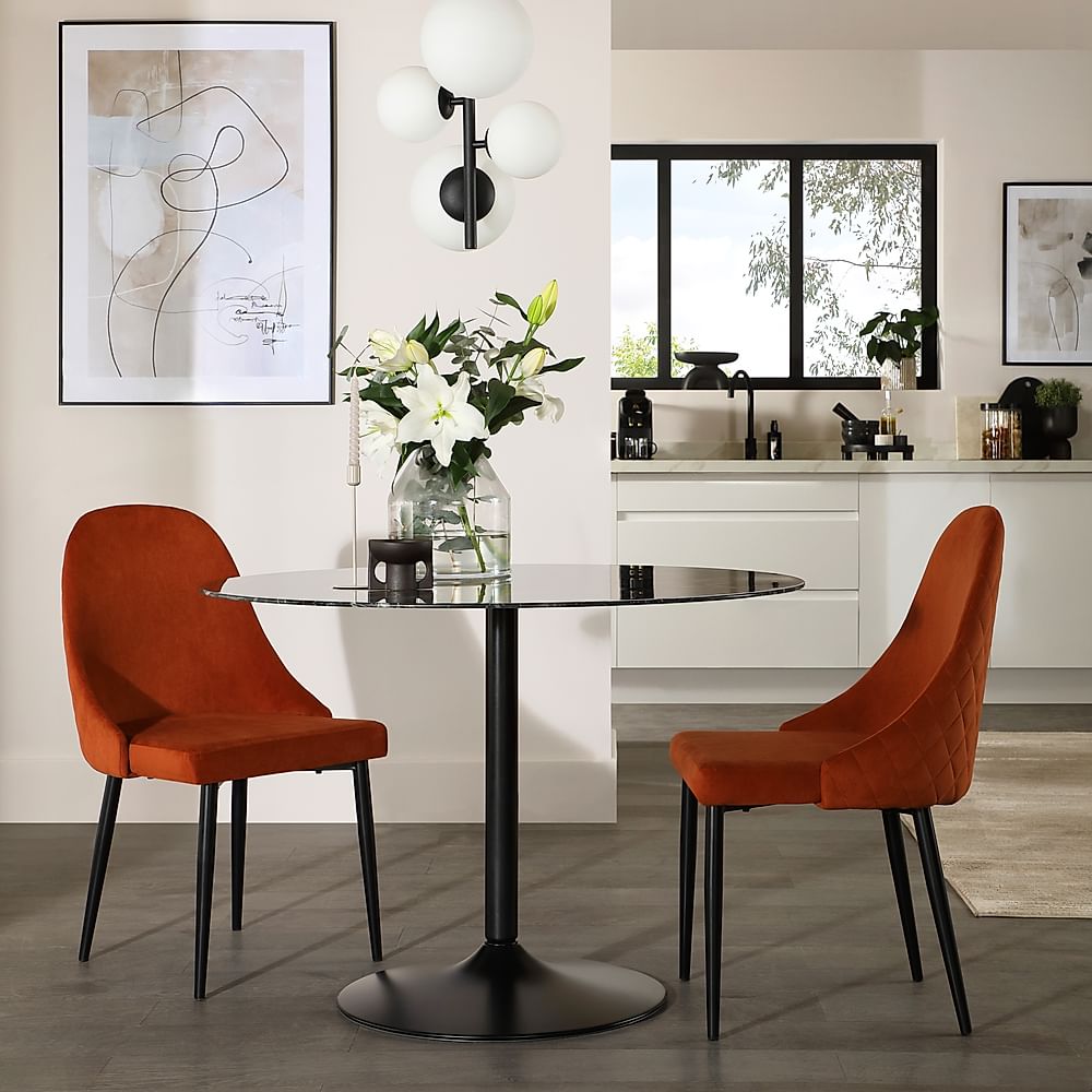 Orbit Round Dining Table & 2 Ricco Dining Chairs, Black Marble Effect & Black Steel, Burnt Orange Classic Velvet, 110cm