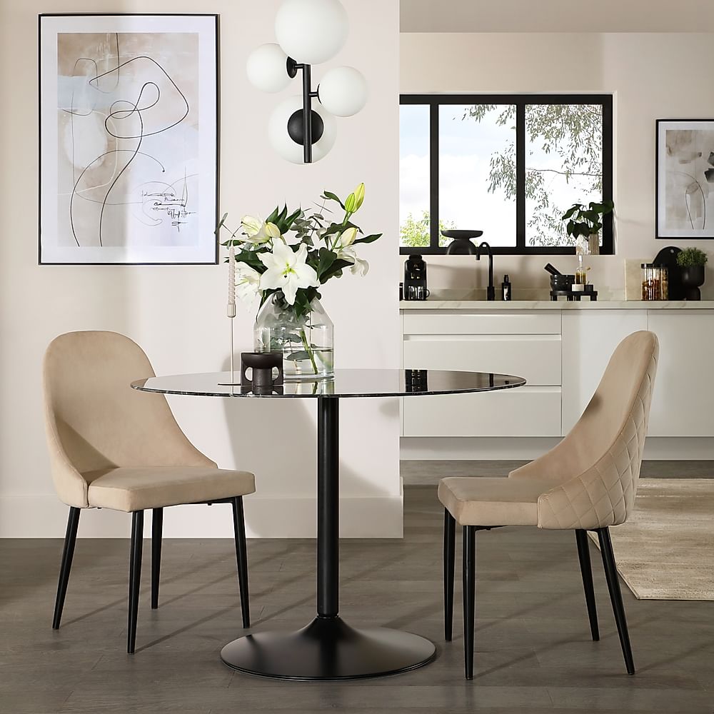 Orbit Round Dining Table & 2 Ricco Dining Chairs, Black Marble Effect & Black Steel, Champagne Classic Velvet, 110cm