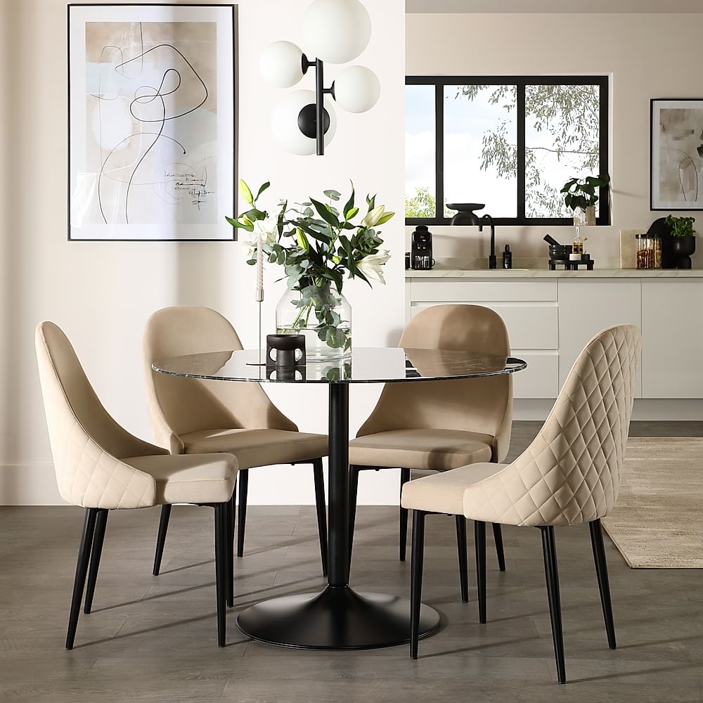 Orbit Round Dining Table & 4 Ricco Dining Chairs, Black Marble Effect & Black Steel, Champagne Classic Velvet, 110cm