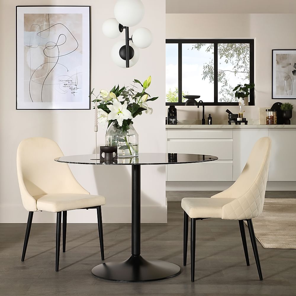Orbit Round Dining Table & 2 Ricco Dining Chairs, Black Marble Effect & Black Steel, Ivory Classic Plush Fabric, 110cm