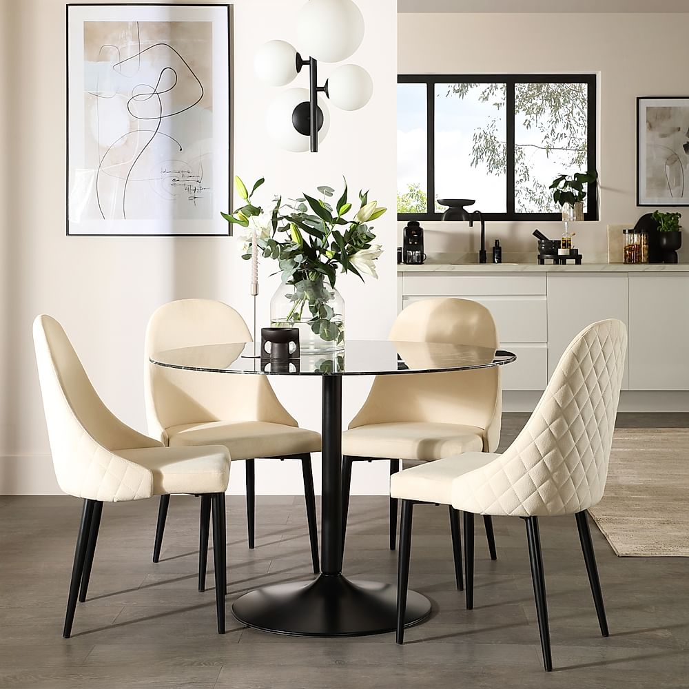Orbit Round Dining Table & 4 Ricco Dining Chairs, Black Marble Effect & Black Steel, Ivory Classic Plush Fabric, 110cm